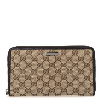 GUCCI Monogram Metal Bar Zip Around Travel Wallet Dark Brown