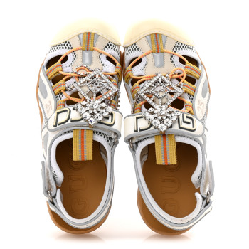 GUCCI Mesh Fabric Tinsel Sport Sandals 37 White Silver