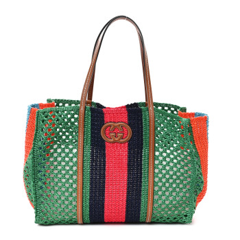 GUCCI Raffia Web Woven Medium Interlocking G Tote Green