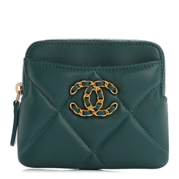 CHANEL Lambskin Quilted Chanel 19 Zip Card Holder Wallet Dark Green