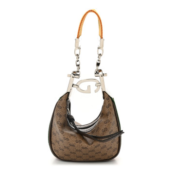 GUCCI GG Supreme Monogram Textured Calfskin Web Mini Attache Hobo Beige Ebony New Acero