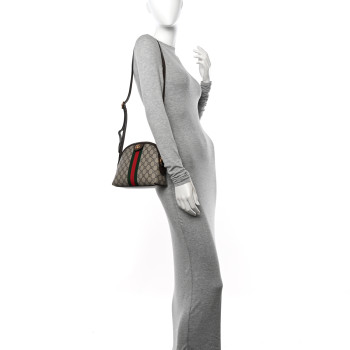 GUCCI GG Supreme Monogram Textured Dollar Calfskin Web Small Ophidia Dome Shoulder Bag Beige Ebony New Acero
