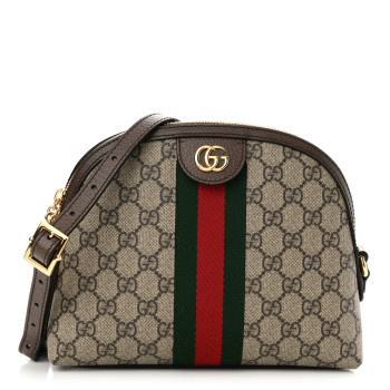 GUCCI GG Supreme Monogram Textured Dollar Calfskin Web Small Ophidia Dome Shoulder Bag Beige Ebony New Acero