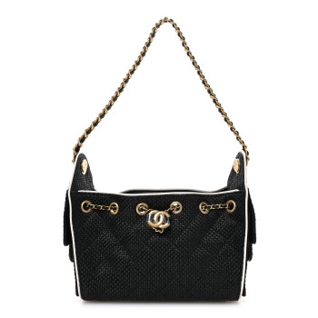 CHANEL Braided Raffia Calfskin Mini Chanel 25 Handbag Black White