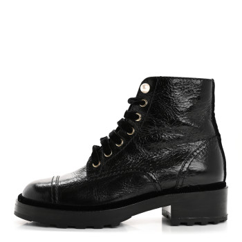 CHANEL Shiny Calfskin Velvet Pearl Combat Short Boots 37.5 Black