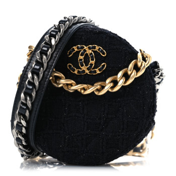 CHANEL Tweed Quilted 19 Round Clutch With Chain Black