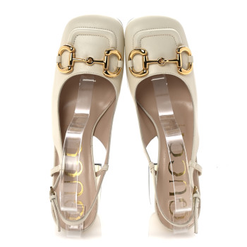GUCCI Malaga Kid Horsebit 75mm Slingback Pumps 38 Mystic White
