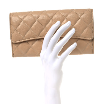 CHANEL Caviar Quilted Large Gusset Flap Wallet Beige