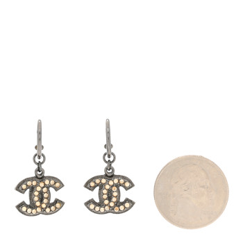 CHANEL Metal Crystal CC Hoop Drop Earrings Silver