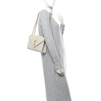 SAINT LAURENT Grain De Poudre Textured Mixed Matelasse Medium Triquilt Monogram Satchel Crema Soft