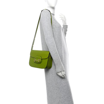 GUCCI Ostrich Medium Horsebit 1955 Shoulder Bag Lemon Grass