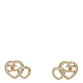 CHANEL Crystal Metal CC Double Heart Earrings Gold