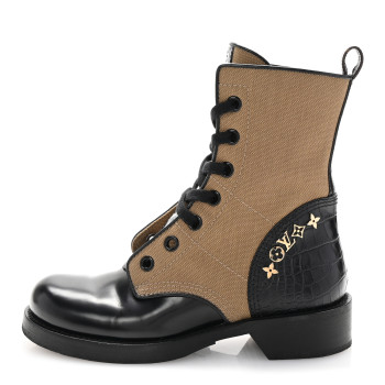 LOUIS VUITTON Canvas Calfskin Crocodile Embossed Metropolis Flat Ranger Boots 37 Kaki