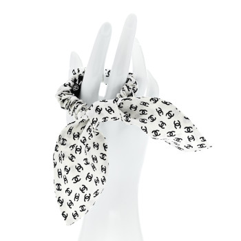 CHANEL Silk Twill CC Scarf Hair Tie Black White