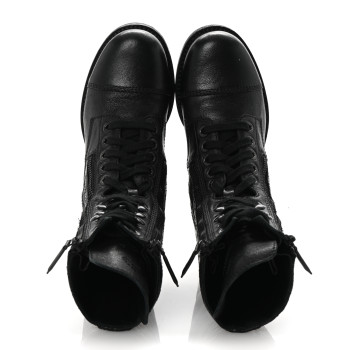 CHANEL Sheepskin Quilted CC Tall Lace Up Combat Boots 35 Black