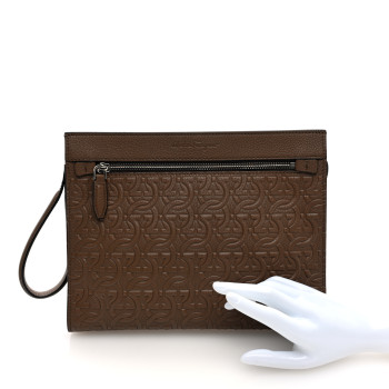 SALVATORE FERRAGAMO Calfskin Gancini Embossed Zip Pouch Taupe