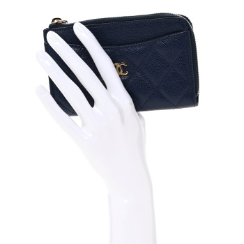CHANEL Caviar Quilted CC Zip Around Card Holder Navy