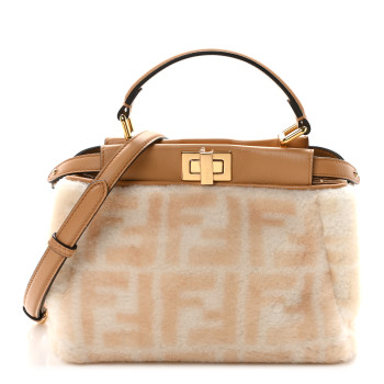FENDI Shearling Nappa Macro FF 1974 Mini Peekaboo Iconic Satchel White Ice Cuoio Miele Scuro