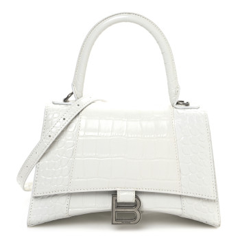 BALENCIAGA Shiny Calfskin Crocodile Embossed Small Hourglass Top Handle Bag Optic White