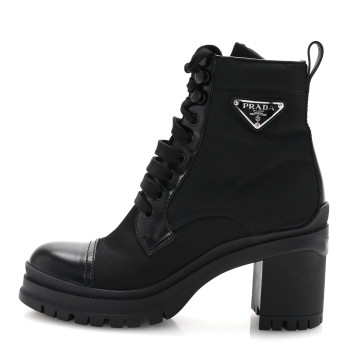 PRADA Spazzolato Re-Nylon Metal Triangle Logo Lace Up 55mm Ankle Boots 35.5 Black