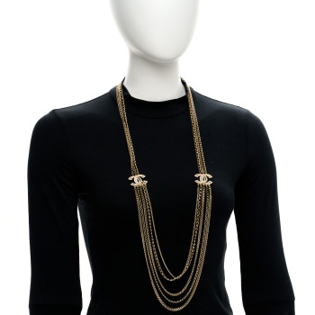 CHANEL Multi Strand Chain Baguette Crystal CC Necklace Gold