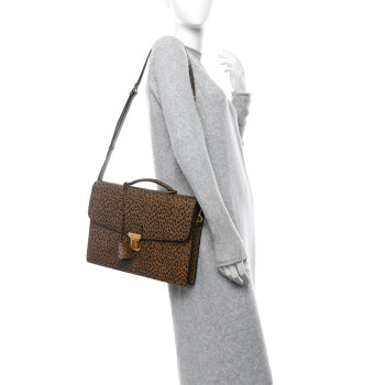 CELINE Grained Calfskin Leopard Print Cartable Small Briefcase Brown Black