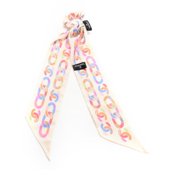 CHANEL Silk CC Twilly Hair Tie White Multicolor