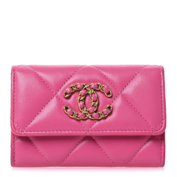 CHANEL Lambskin Quilted Chanel 19 Flap Card Holder Dark Pink