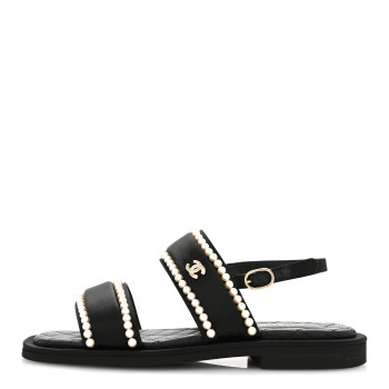 CHANEL Satin Pearl Quilted Flat Sandals 36.5 Black