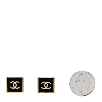 CHANEL Metal Enamel CC Square Earrings Gold Black