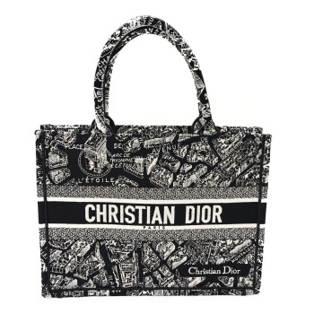 CHRISTIAN DIOR Canvas Embroidered Medium Plan De Paris Book Tote Black White
