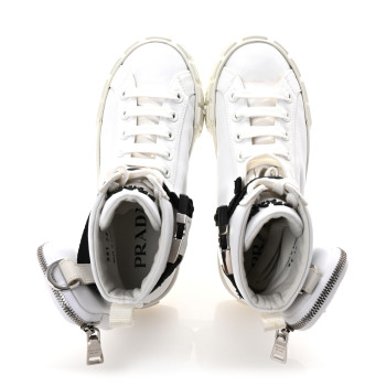 PRADA Re-Nylon Gabardine Metal Triangle Logo Wheel Pouch Pocket High Top Sneakers 36 White