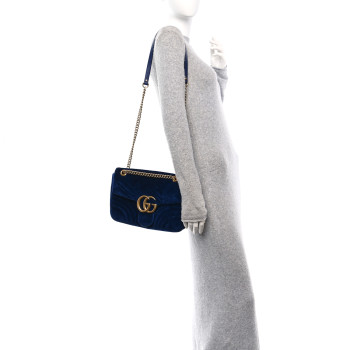 GUCCI Velvet Matelasse Medium GG Marmont Shoulder Bag Cobalt Blue