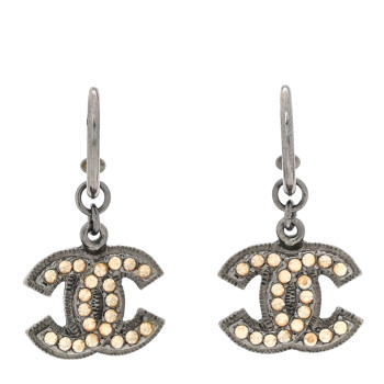 CHANEL Metal Crystal CC Hoop Drop Earrings Silver