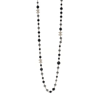 CHANEL Ruthenium Pearl Beaded CC Long Necklace Black