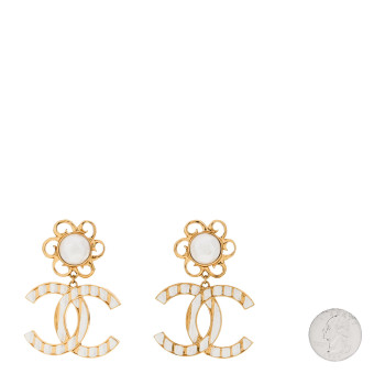 CHANEL Metal Enamel Pearl CC Drop Earrings Gold White
