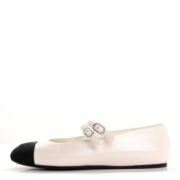 CHANEL Lambskin Grosgrain Pearl Mary Jane Flats 36 White Black