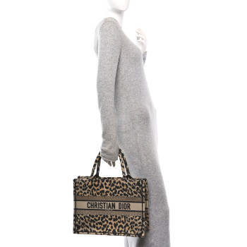 CHRISTIAN DIOR Canvas Mizza Embroidered Medium Leopard Book Tote Beige