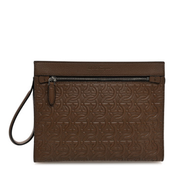 SALVATORE FERRAGAMO Calfskin Gancini Embossed Zip Pouch Taupe
