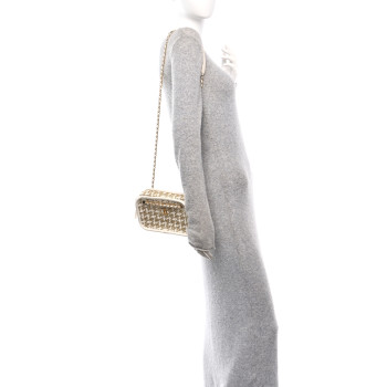 CHANEL Metallic Lambskin Viscose Woven Small Camera Case White Gold