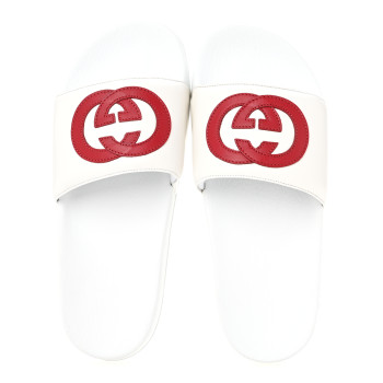 GUCCI Nappa Miro Soft Calfskin Womens Interlocking G Slide Sandals 39 Great White Hibiscus Red