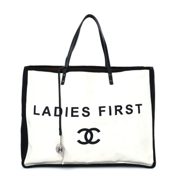 CHANEL Canvas Calfskin Large Let's Demonstrate Tote White Black