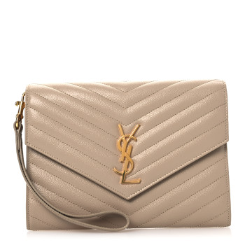 SAINT LAURENT Grain De Poudre Matelasse Chevron Monogram Envelope Clutch Dark Beige