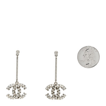 CHANEL Baguette Crystal CC Drop Earrings Silver