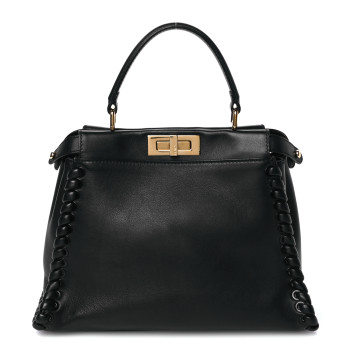 FENDI Vitello Seta Lace Up Medium Peekaboo Iconic Satchel Black