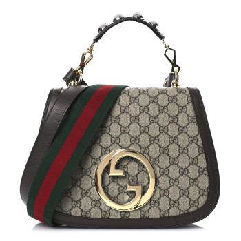 GUCCI GG Supreme Monogram Textured Dollar Calfskin Web Medium Blondie Top Handle Shoulder Flap Bag Beige Ebony New Acero