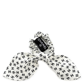 CHANEL Silk Twill CC Scarf Hair Tie Black White