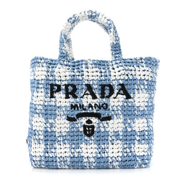 PRADA Yarn Raffia Effect Crochet Embroidered Small Logo Tote Celeste