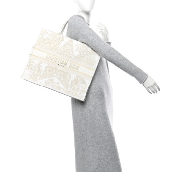 CHRISTIAN DIOR Canvas Embroidered Large Around The World Book Tote Gold