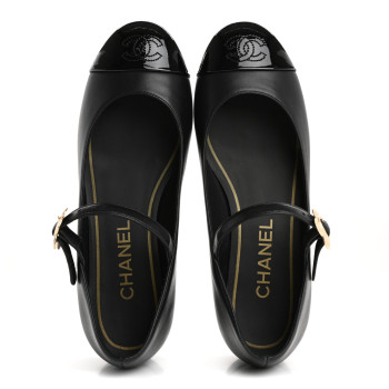 CHANEL Lambskin Patent Cap Toe Mary Jane Flats 36 Black